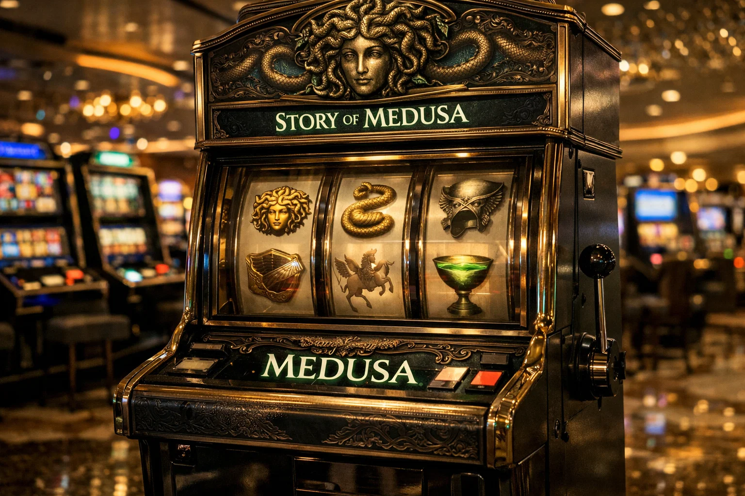 Mystical glowing Medusa head, story of Medusa